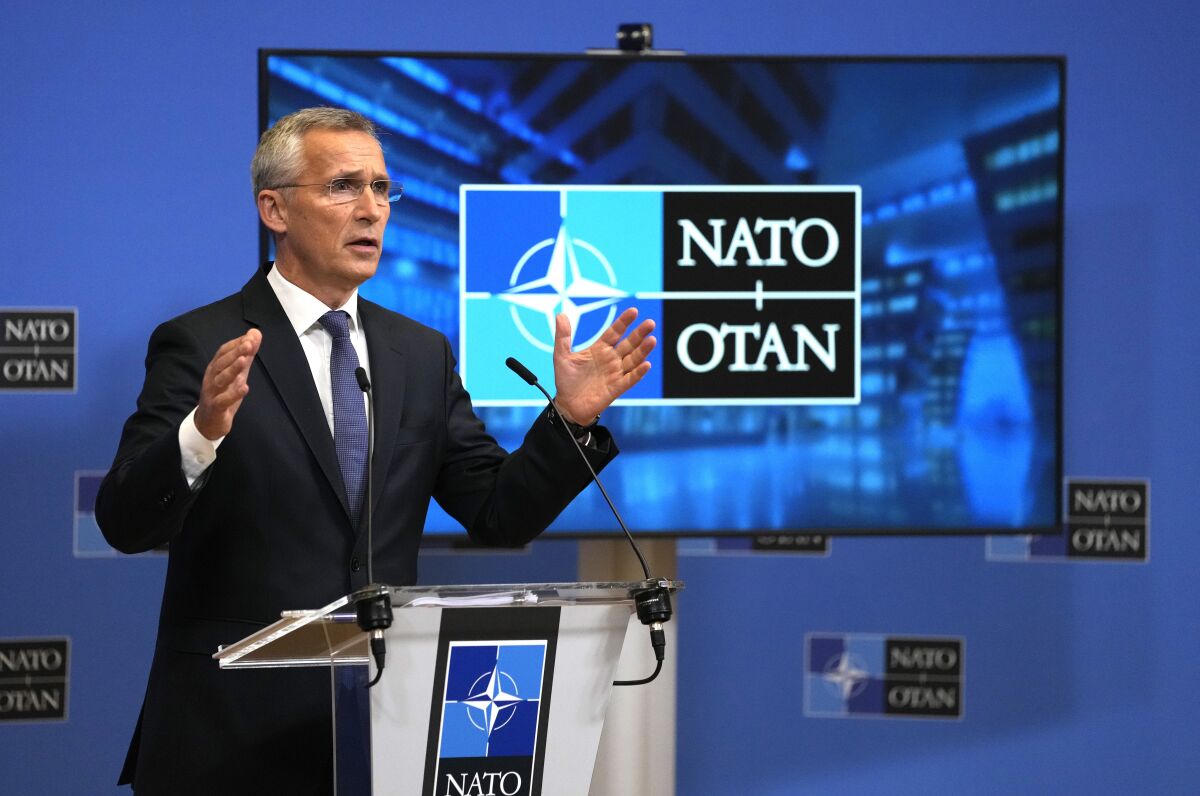 NATO Secretary General Jens Stoltenberg speaks during a media conference after a meeting of national security advisors at NATO headquarters in Brussels, Thursday, Oct. 7, 2021. (AP Photo/Virginia Mayo, Pool)
