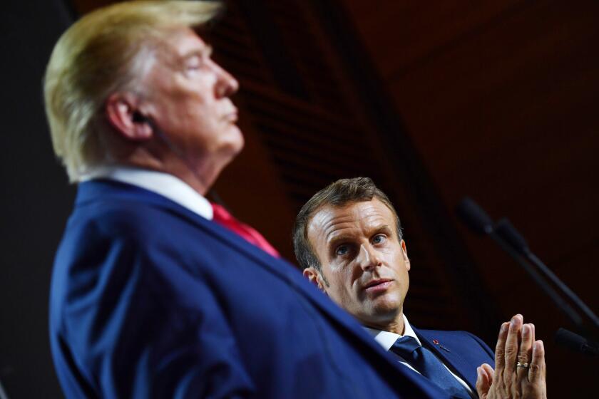 US President Donald Trump (L) and French President Emmanuel Macron give a joint press conference in Biarritz, south-west France on August 26, 2019, on the third day of the annual G7 Summit attended by the leaders of the world's seven richest democracies, Britain, Canada, France, Germany, Italy, Japan and the United States. (Photo by Nicholas Kamm / AFP)NICHOLAS KAMM/AFP/Getty Images ** OUTS - ELSENT, FPG, CM - OUTS * NM, PH, VA if sourced by CT, LA or MoD **