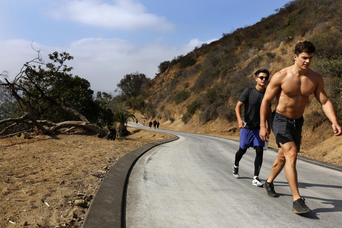 Two hikers climb Runyon Canyon Park on the newly paved trails during after months of being closed for renovations. The paved trail was getting mixed reviews.