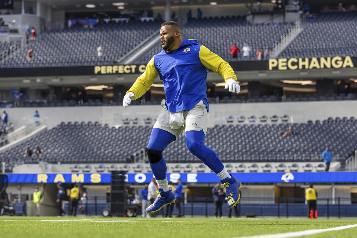 Rams defensive tackle Aaron Donald warms up before a game against the San Francisco 49ers at SoFi Stadium on Oct. 30.