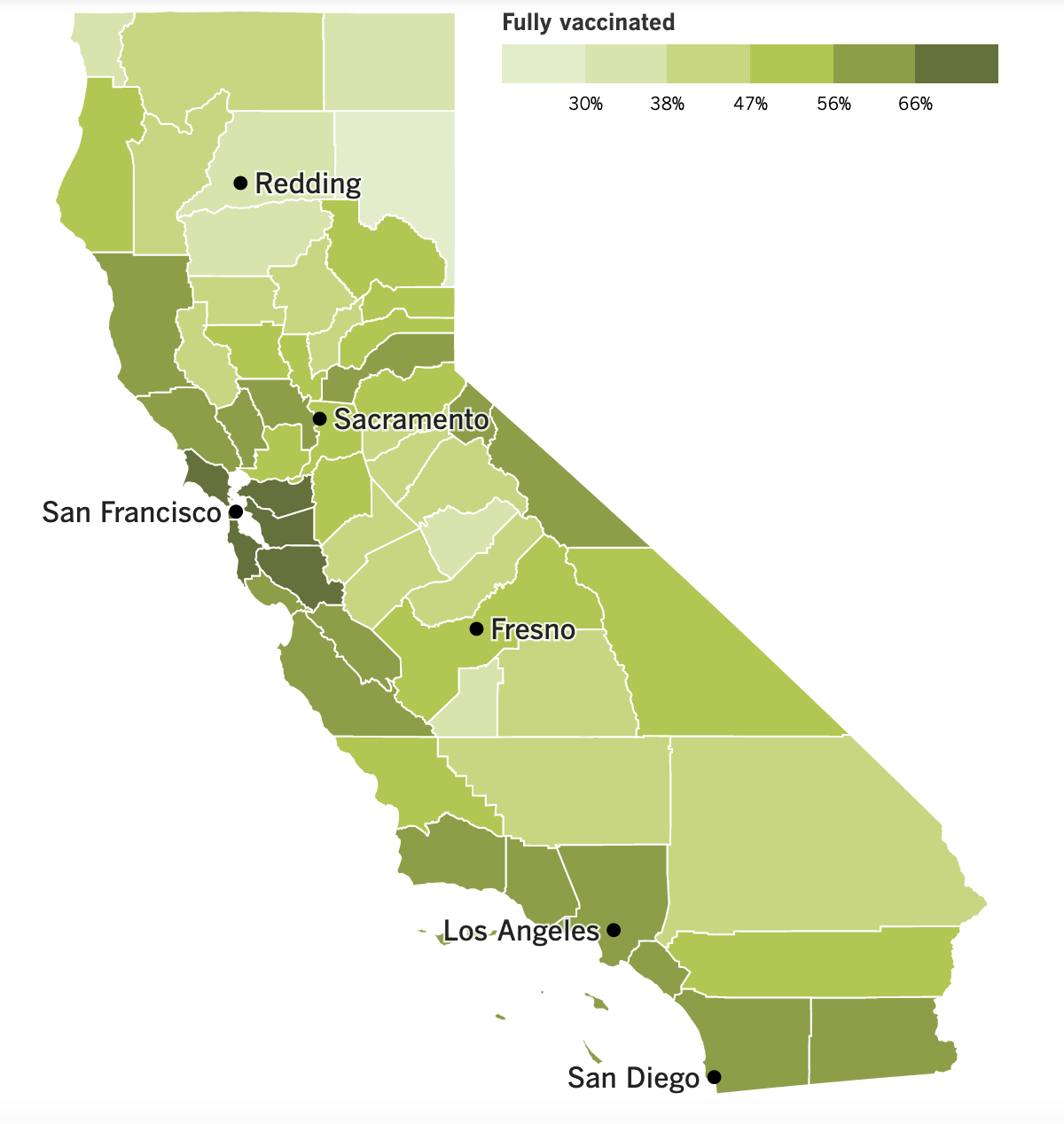 A map showing California's vaccination progress by county.