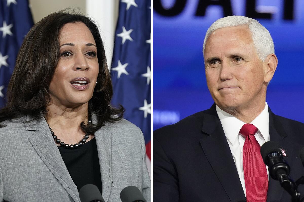 Democratic vice presidential candidate Sen. Kamala Harris and Vice President Mike Pence are shown in separate images.