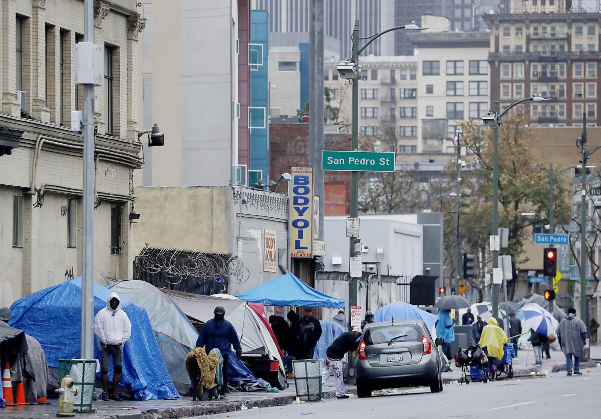 A homeless encampment near the intersection of 5th and San Pedro streets in downtown Los Angeles.