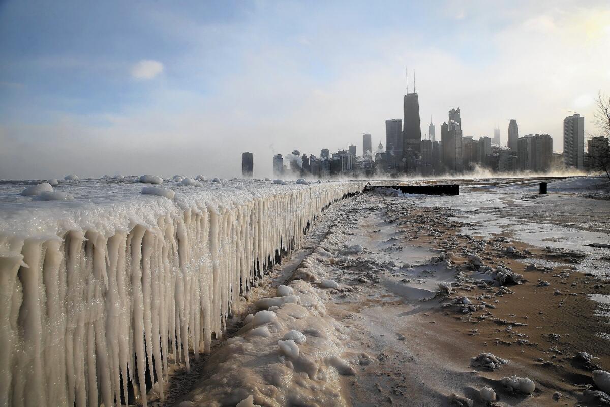 Ice builds up along Lake Michigan in Chicago.