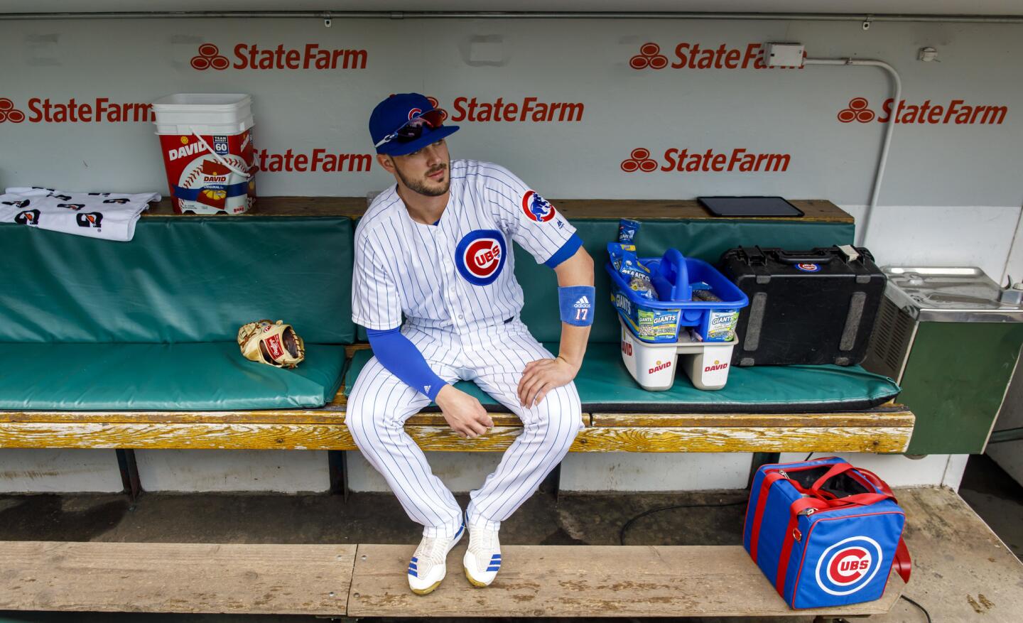 Kris Bryant prepares to face the Diamondbacks from the Wrigley Field dugout on Aug. 3, 2017.