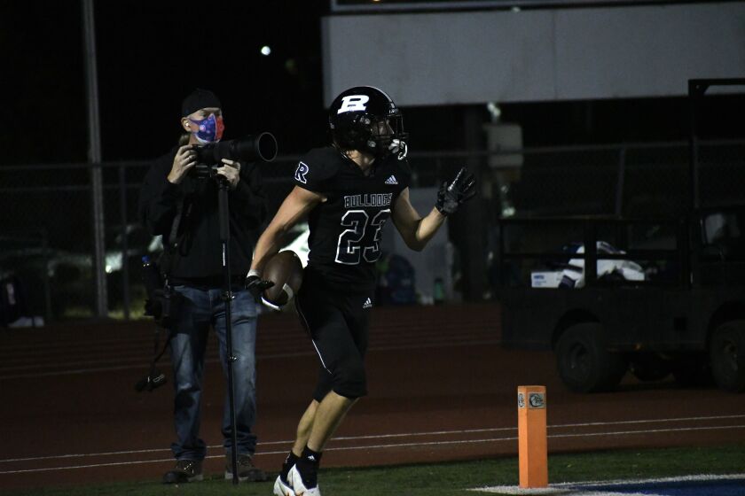 Ramona running back Cash Jones scored three of the touchdowns at the Sept. 17 game against Fallbrook High.