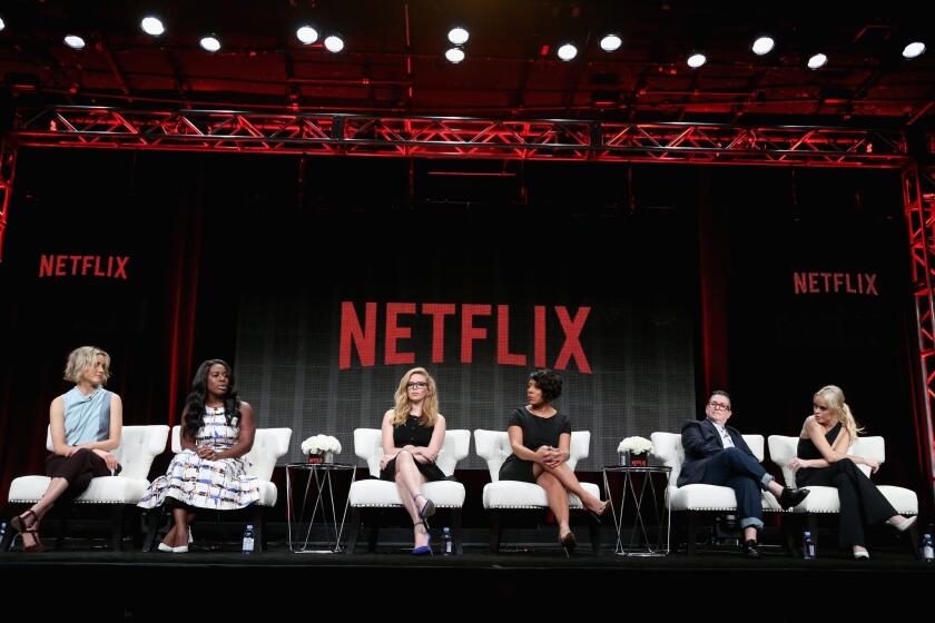 Actors Taylor Schilling, from left, Uzo Aduba, Natasha Lyonne, Selenis Leyva, Lea DeLaria and Taryn Manning speak during the "Orange Is the New Black" panel discussion in the Netflix portion of the 2015 Summer TCA Tour at the Beverly Hilton Hotel on July 28, 2015.