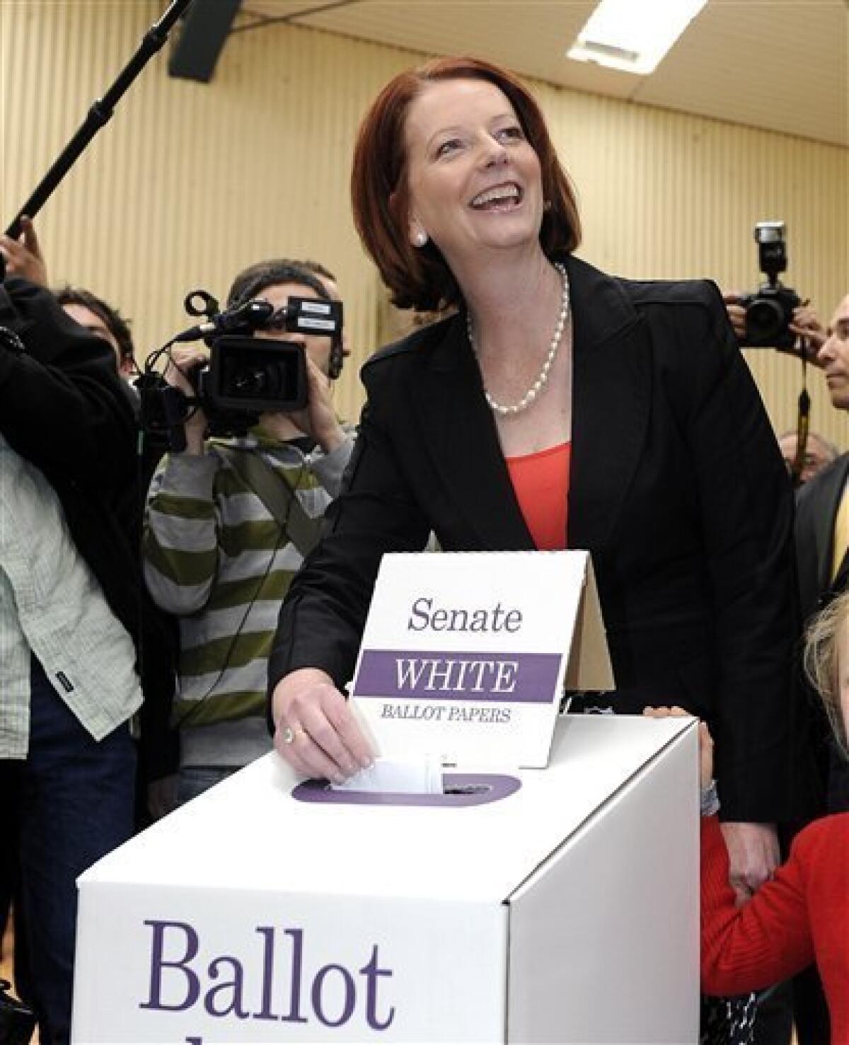Australian Prime Minister Julia Gillard, leader of the Australian Labor Party, votes at Seabrook Primary School in Melbourne, Saturday, Aug. 21, 2010. (AP Photo/Andrew Brownbill)