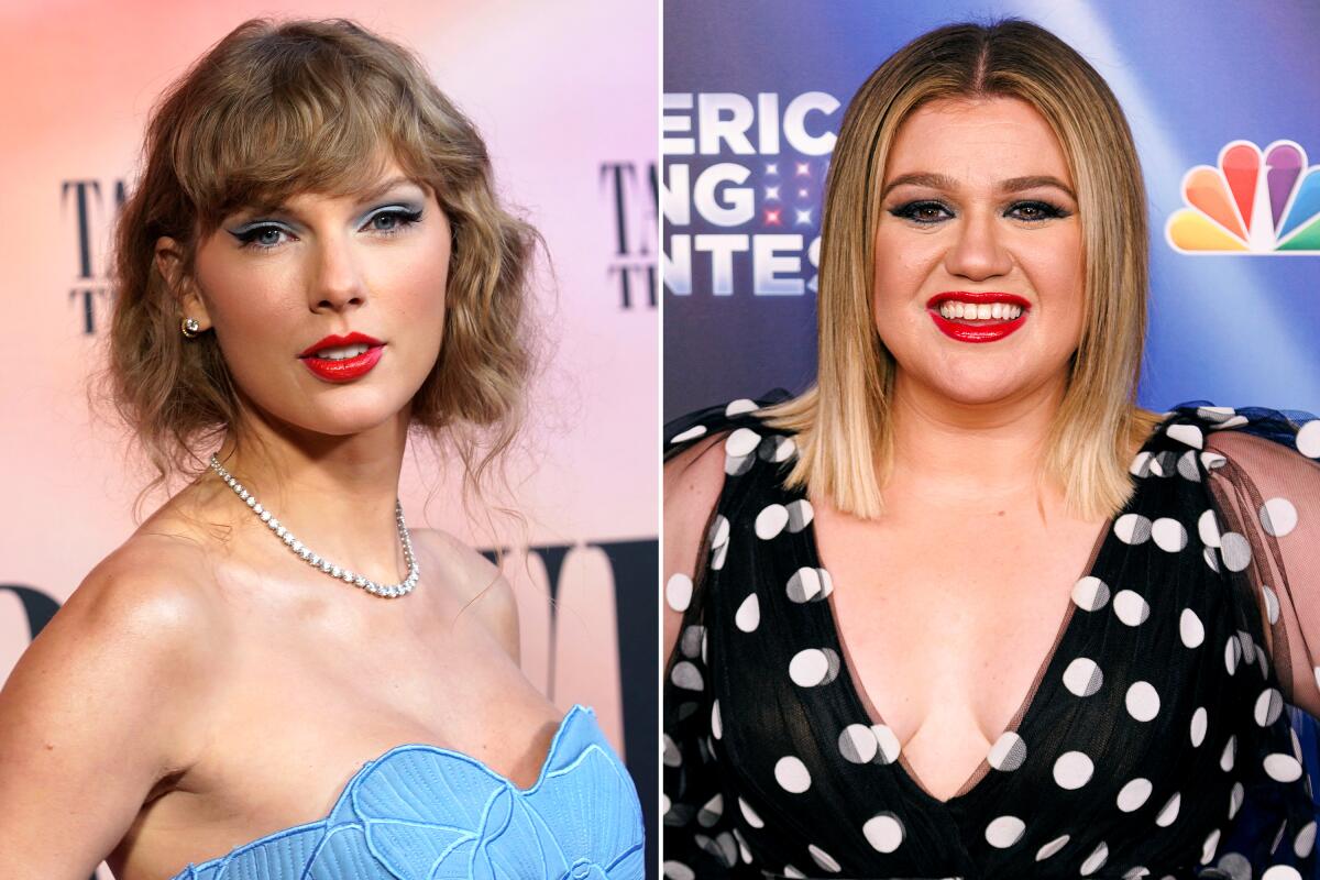 Separate shots of Taylor Swift in a strapless blue gown and Kelly Clarkson in a black dress with white dots