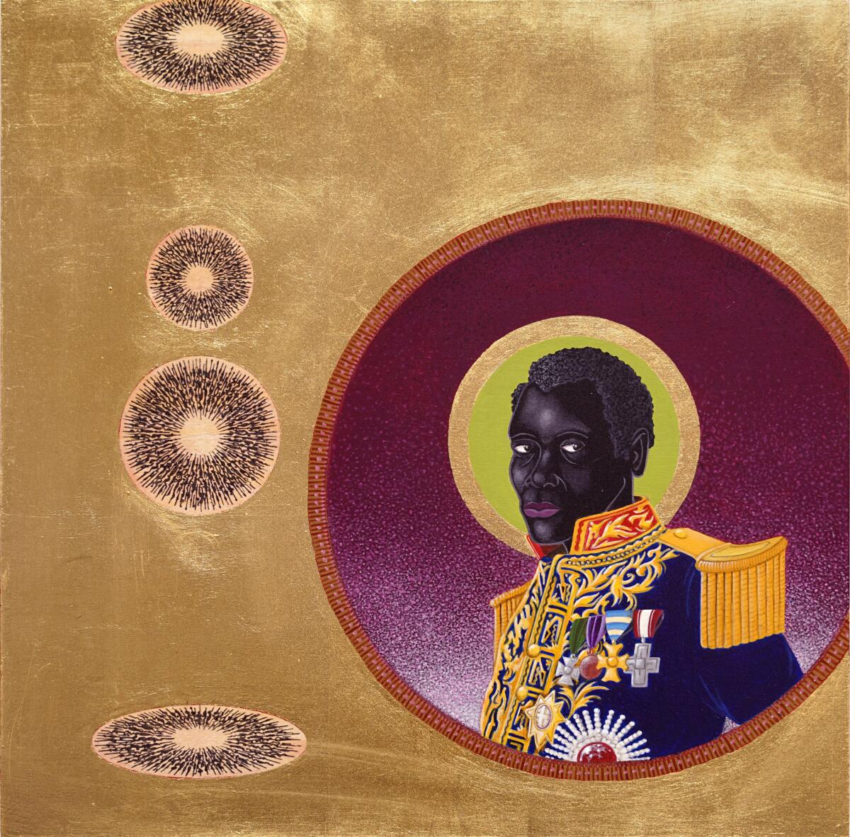 A painting framed in gold leaf features a bust-length portrait of Toussaint Louverture in military uniform