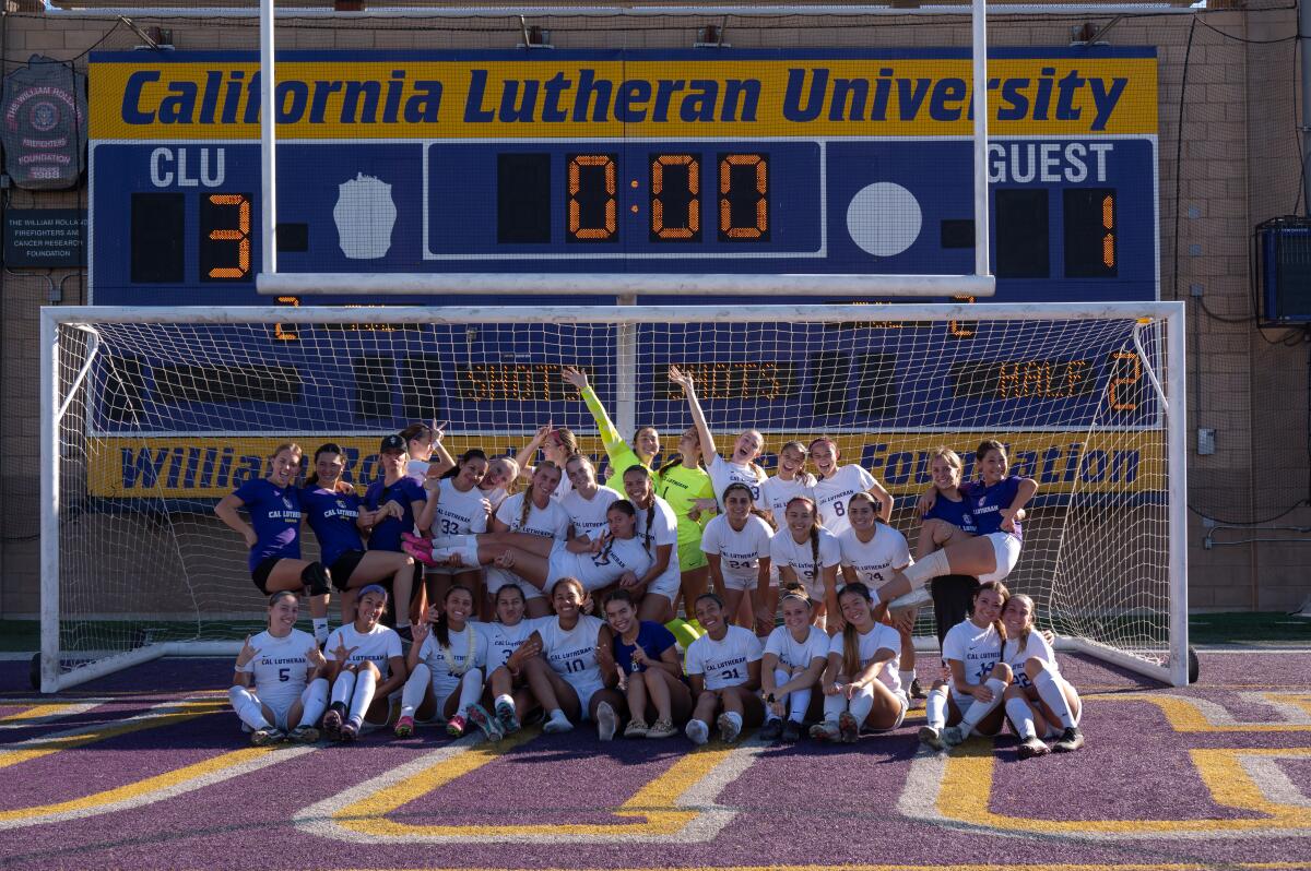 Cal Lutheran women's soccer players celebrate after a recent victory.
