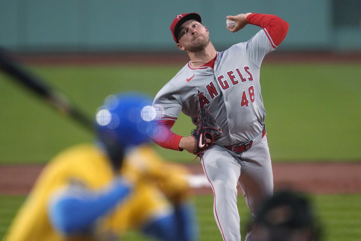 Los Angeles Angels pitcher Reid Detmers delivers during the first inning of the team's baseball game against the Boston Red Sox, Friday, April 12, 2024, in Boston. (AP Photo/Charles Krupa)