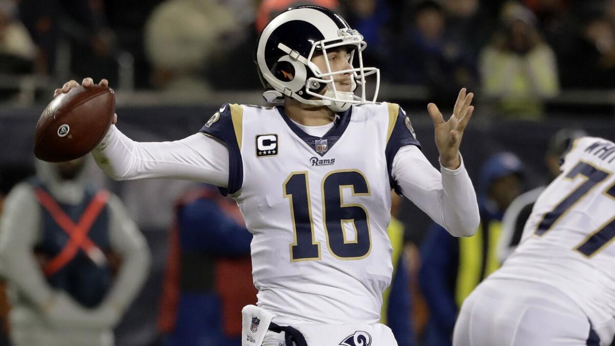 Rams quarterback Jared Goff (16) throws a pass during the first half against the Chicago Bears.
