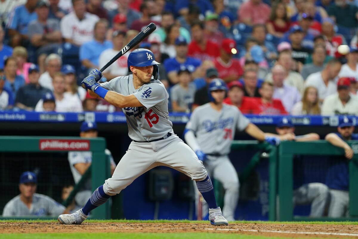 Dodgers catcher Austin Barnes bats during a game against the Philadelphia Phillies on July 16.