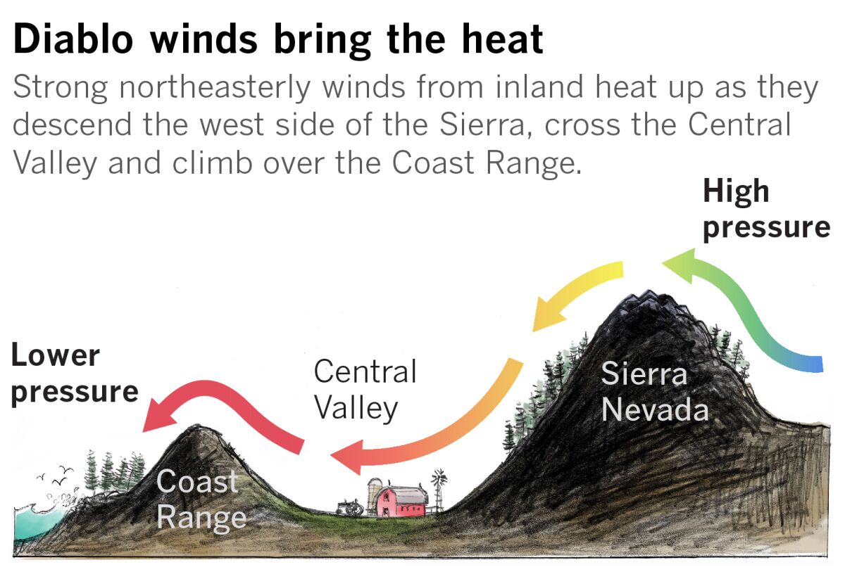 Graphic indicating the path of Diablo winds as the air moves over and down the Sierra Nevada, across the Central Valley and over the Coast Range.