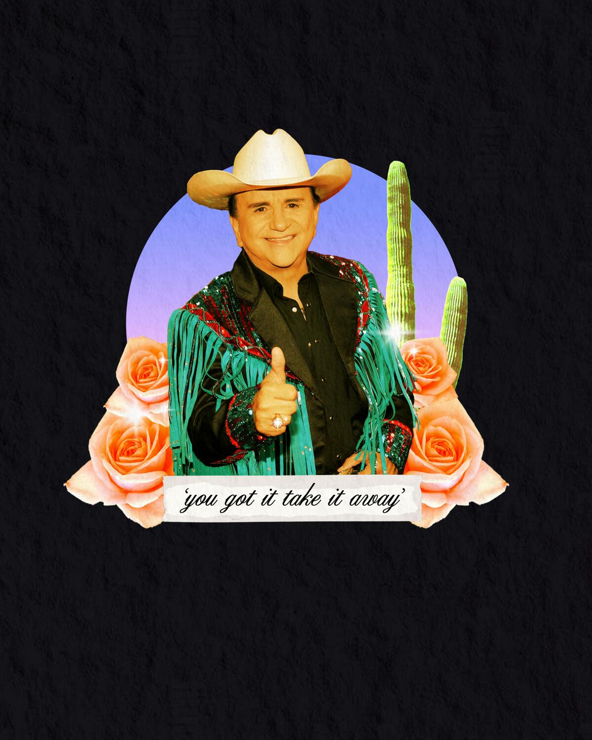 Illustration of Johnny Canales in western gear, giving a thumbs up above a banner reading: "you got it take it away"