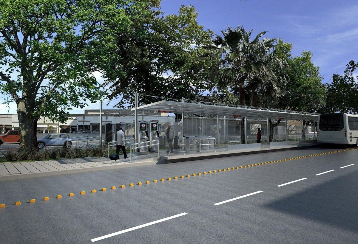 A rendering of a future station in Tijuana’s Rio Zone for a Bus Rapid Transit expected to start operations next fall. Credit: SITT