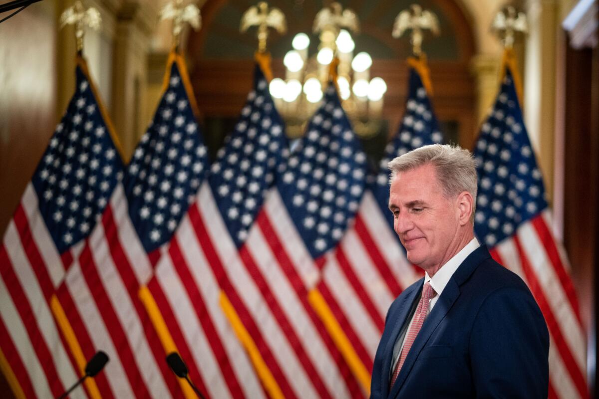 House Speaker Kevin McCarthy before a bank of American flags