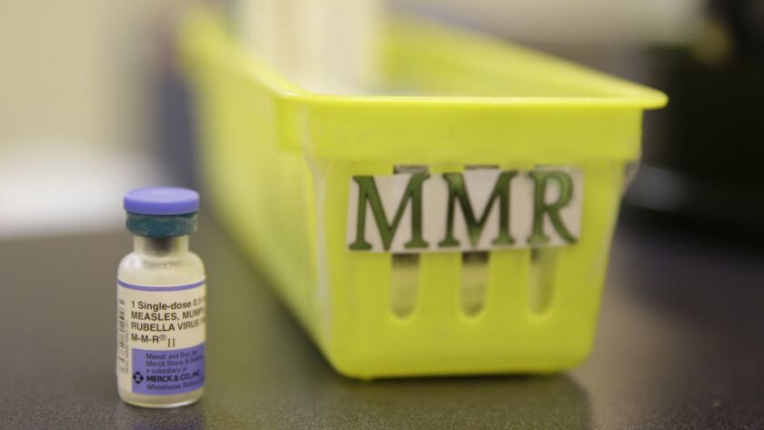 A measles, mumps and rubella vaccine on a countertop at a pediatrics clinic in Greenbrae, Calif.