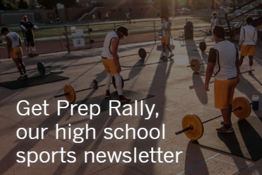 Photo of football players lifting weights, with the text "Get Prep Rally, our high school sports newsletter" 