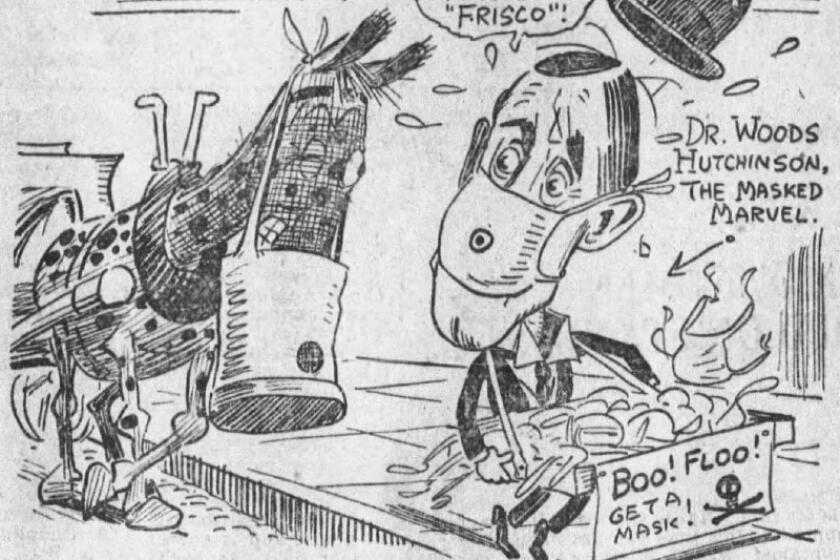Nov. 9, 1918 L.A. Times editorial cartoon mocking a pro-mask advocate