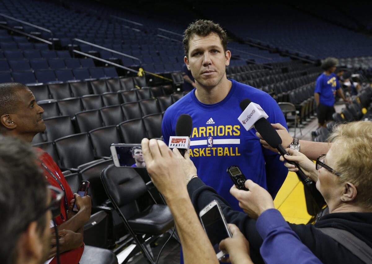 Warriors assistant Luke Walton during media availability after NBA Finals practice on June 4.