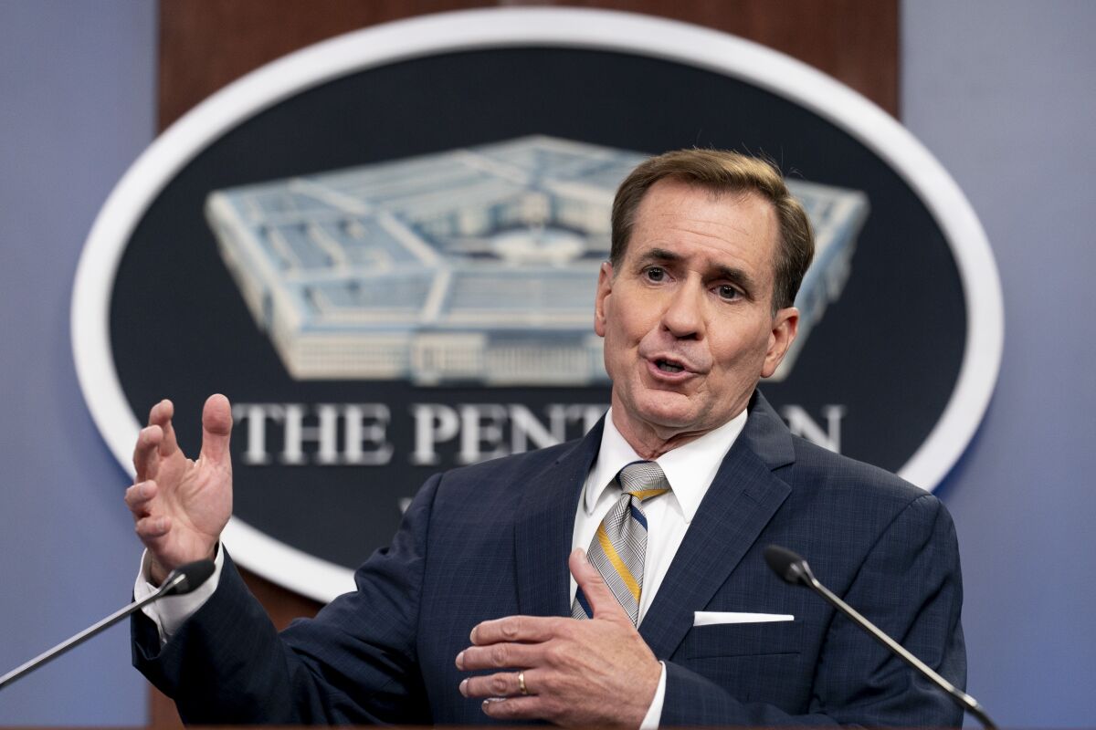 Pentagon spokesman John Kirby speaks during a briefing at the Pentagon in Washington, Thursday, Aug. 12, 2021. With security rapidly deteriorating in Afghanistan, the United States is evacuating some personnel from the U.S. Embassy in Kabul, and U.S. troops with be assisting at the Kabul airport. (AP Photo/Andrew Harnik)