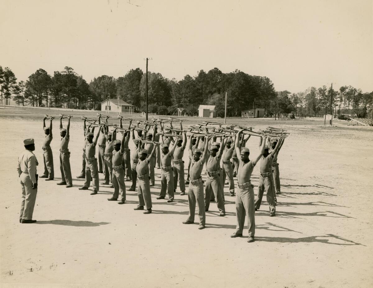 Sgt. Charles J. Shaw II training recruits at Montford Point, North Carolina in 1946 to 1949.
