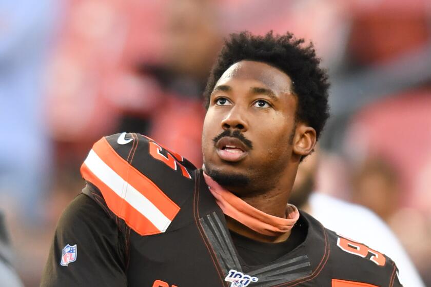 CLEVELAND, OH - AUGUST 29, 2019: Defensive end Myles Garrett #95 of the Cleveland Browns on the field prior to a preseason game against the Detroit Lions on August 29, 2019 at FirstEnergy Stadium in Cleveland, Ohio. Cleveland won 20-16. (Photo by: 2019 Nick Cammett/Diamond Images via Getty Images)