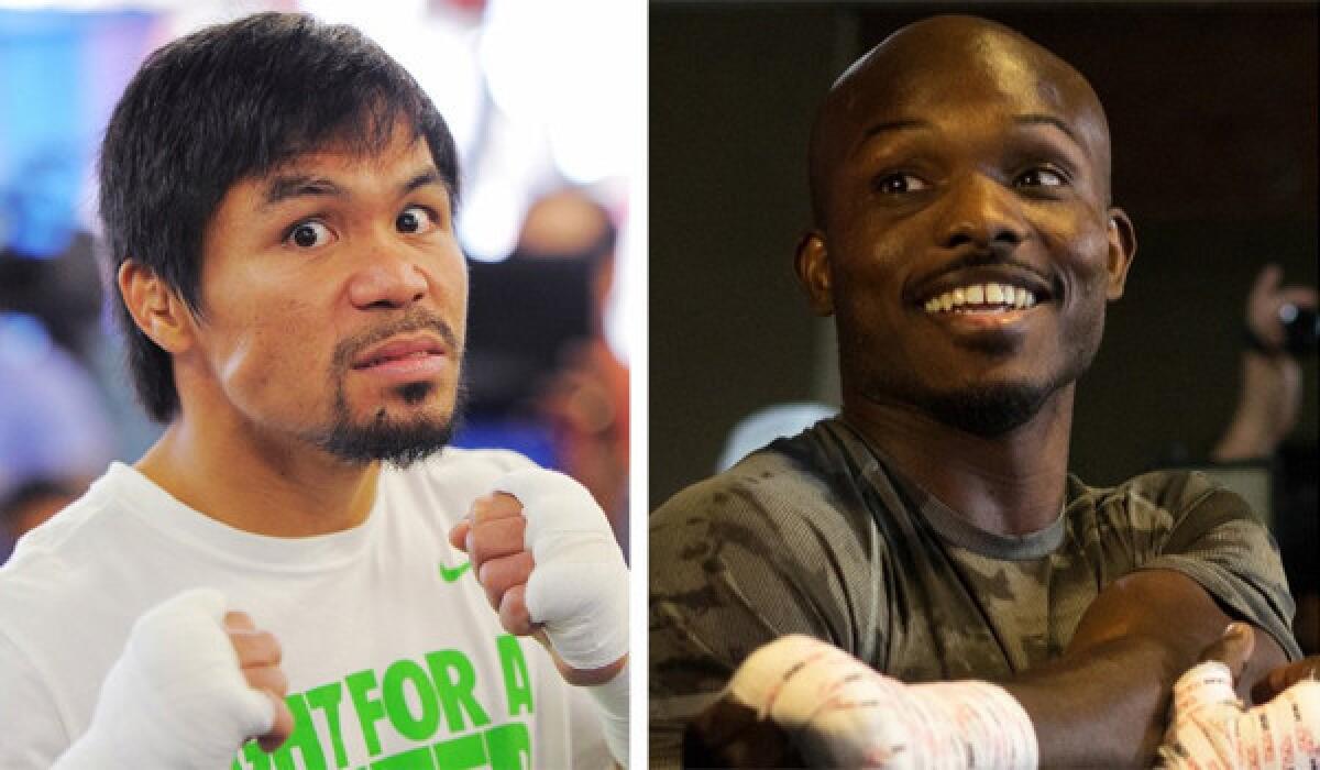 Manny Pacquiao, left, and World Boxing Organization welterweight champion Timothy Bradley will meet in the ring for the second time Saturday. Bradley defeated Pacquiao by split-decision in June 2012.