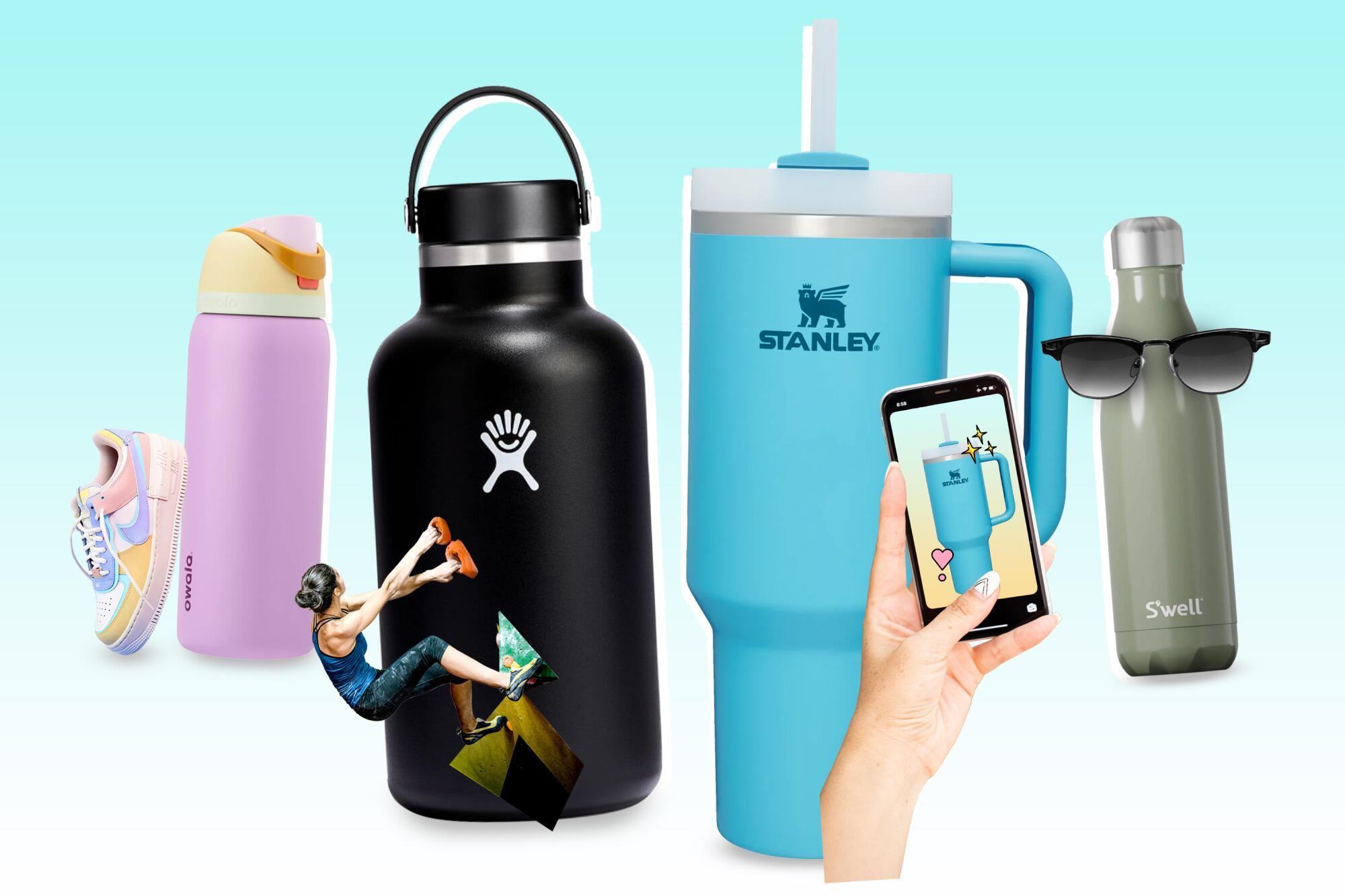 A metal bottle with a fun sneaker; one with a rock climber; one with a selfie; and one wearing sunglasses.