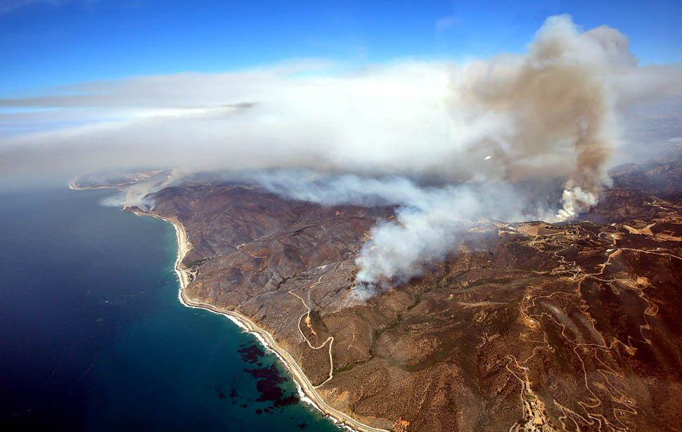 An aerial view of the Springs fire burning in the Santa Monica Mountains between Malibu and Newbury Park.