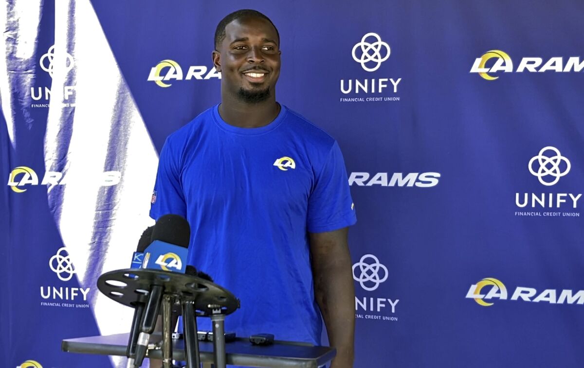 Rams running back Sony Michel speaks with reporters at the team's training complex in Thousand Oaks on Thursday.