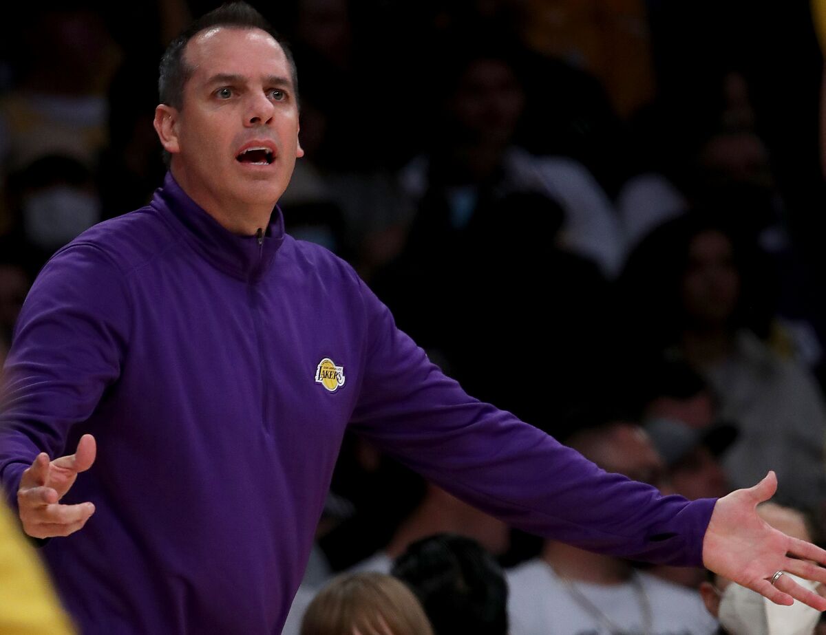 Lakers coach Frank Vogel questions an official's call.
