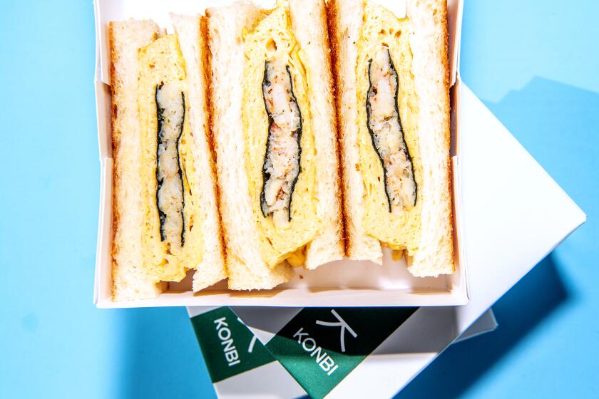 LOS ANGELES, CA - NOVEMBER 08: The omelette sandwich with jonah crab from Konbi in Echo Park on Sunday, Nov. 8, 2020 in Los Angeles, CA. (Mariah Tauger / Los Angeles Times)
