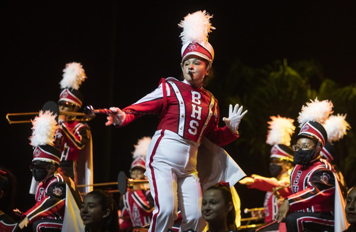 Students from Banning Senior High School's marching band performing a number