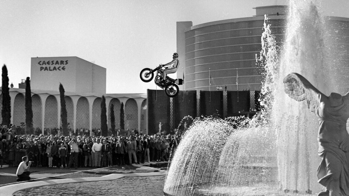 Evel Knievel jumped the fountains outside Caesars Palace on Dec. 31, 1967, but crashed as he returned to the ground. (Las Vegas News Bureau)