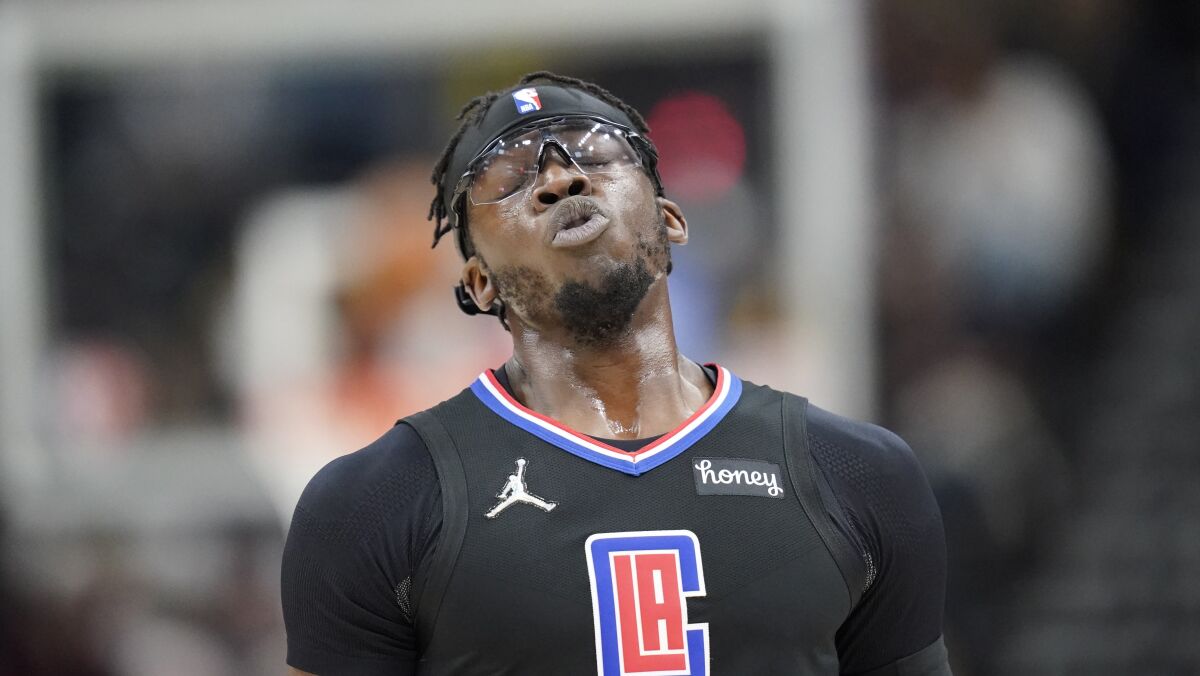 Clippers guard Reggie Jackson reacts during a loss to the Utah Jazz on Dec. 15.