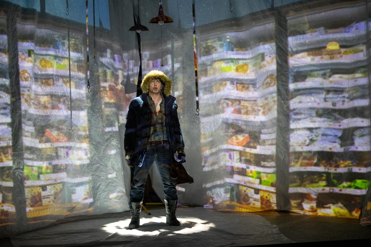 A man in a parka stands on a set made to look like the frozen foods section of a supermarket.