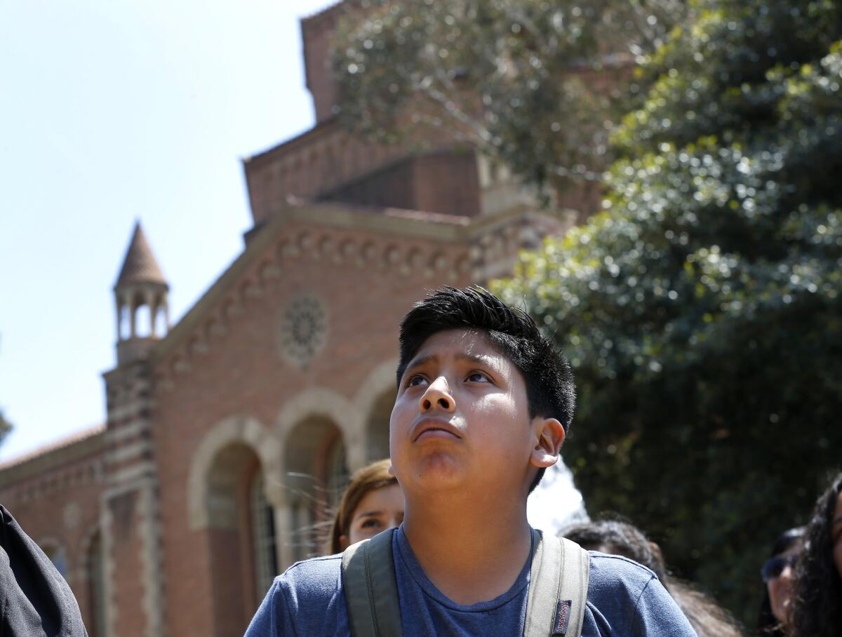 Jesus Perez, 13, an 8th grader from Mountain View Middle School in Moreno Valley, is an English-language learner. He's pictured here visiting the UCLA campus.
