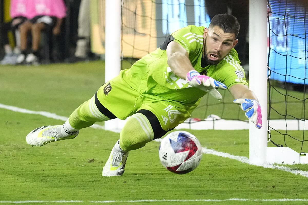 LAFC goalkeeper Maxime Crépeau stops a shot against Minnesota in October.