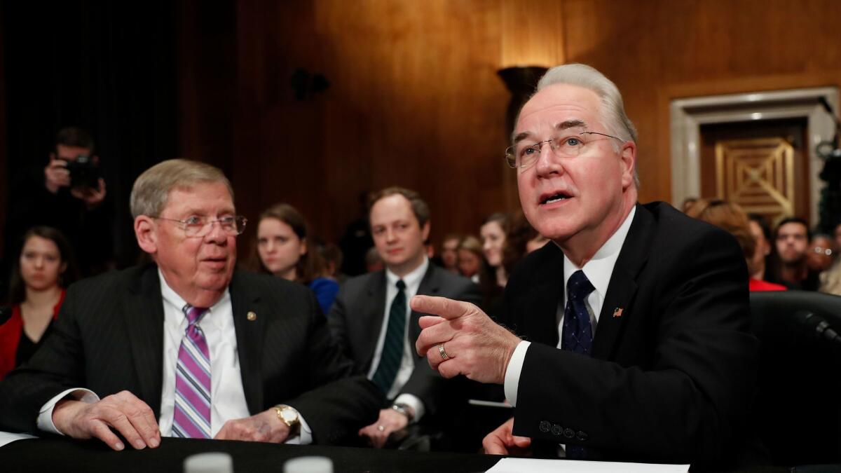 Secretary of Health and Human Services Tom Price Health and Human Services at his Senate confirmation hearing in January.