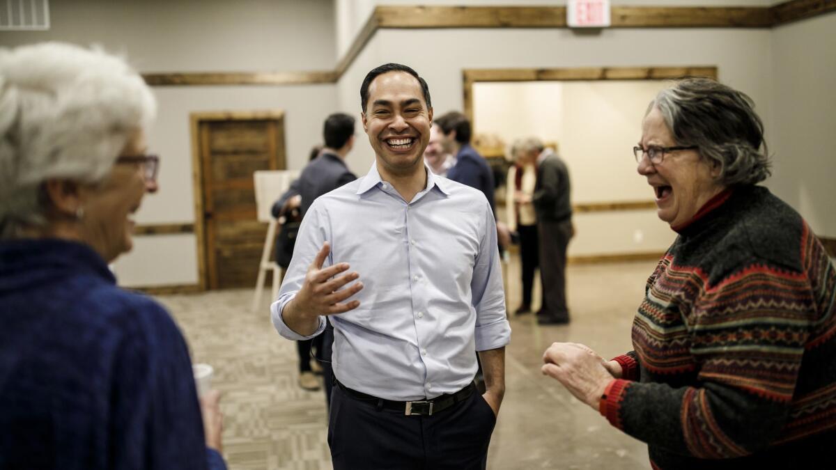 Julian Castro visits a Democratic Party meeting recently in Exira, a farming town in a predominantly Republican region of western Iowa.