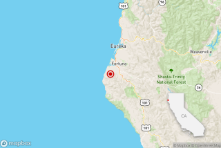  A map showing the location of a magnitude 4.6 earthquake near Fortuna, Calif.