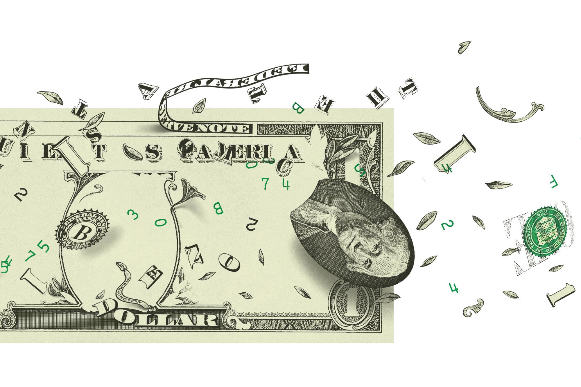 Photo illustration of a one dollar bill with printing flying off from strong winds