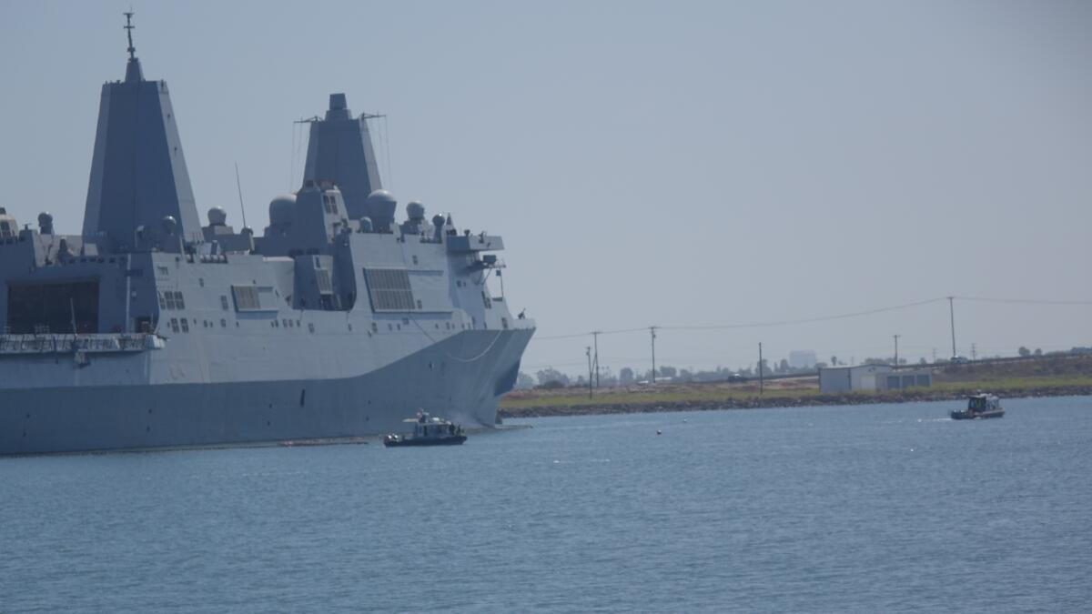 The amphibious transport dock ship New Orleans at the Naval Weapons Station Seal Beach on Aug. 29, 2019. The base's primary missions are to store ordnance for the Navy and Marine Corps, load and unload ammunition and maintain weapons on warships departing San Diego.