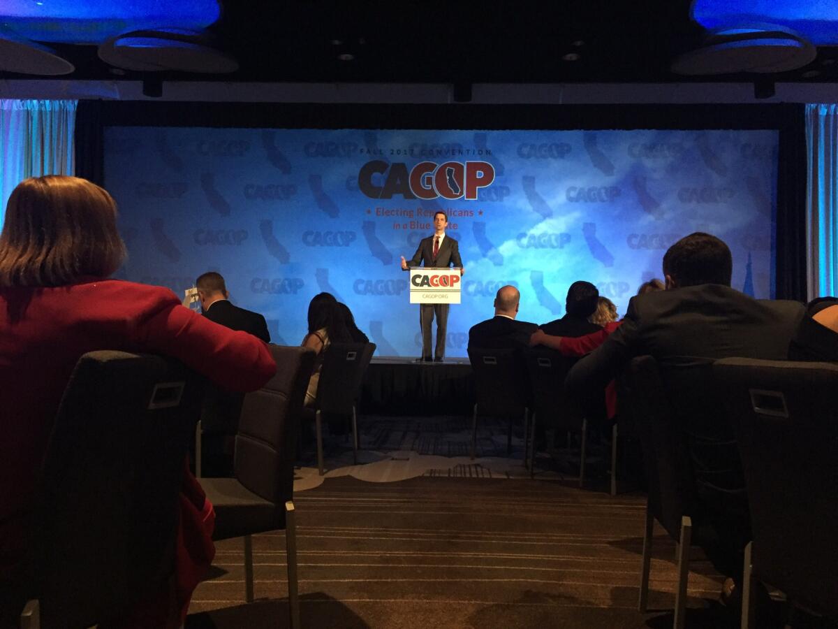 Arkansas Sen. Tom Cotton addresses the California Republican Party at its fall convention in Anaheim.