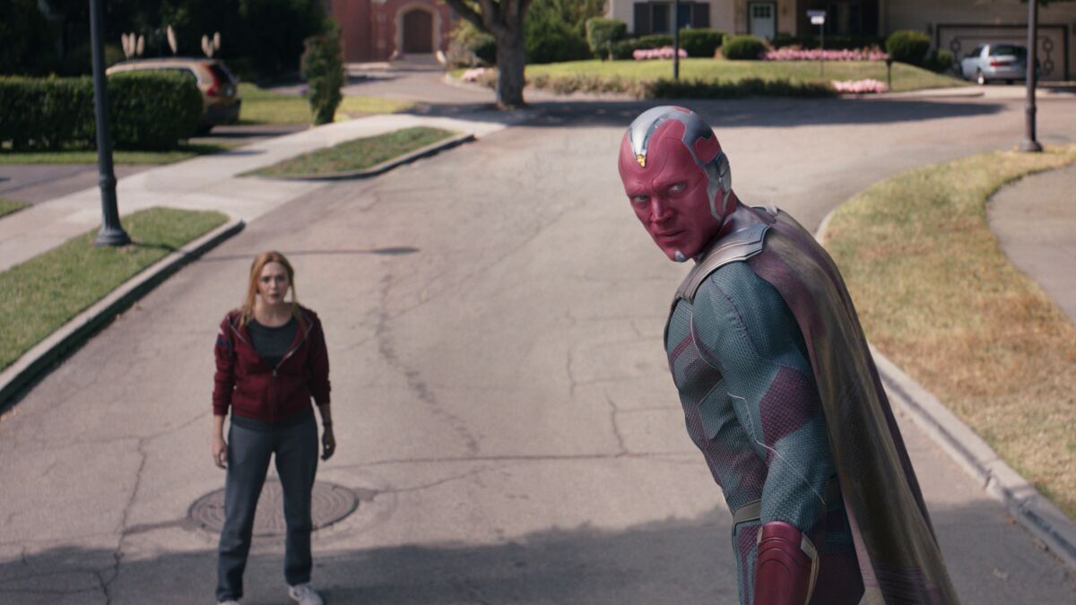 Marvel Cinematic Universe heroes Vision (Paul Bettany) and Wanda Maximoff/The Scarlet Witch (Elizabeth Olsen) 