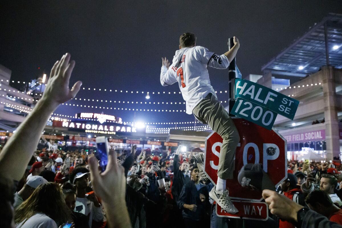 A Washington Nationals fan celebrates by climbing a street sign outside Nationals Park early Thursday, Oct. 31, 2019, in Washington, after the Nationals defeated the Houston Astros in Game 7 of the baseball World Series in Houston. (AP Photo/Alex Brandon)