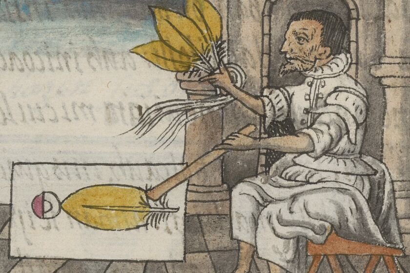 A detail from Book 9 of the Florentine Codex, the 16th century encyclopedia compiled by Friar Bernardino de Sahagún and a cohort of indigenous scholars in colonial Mexico, shows an "amantecatl" or feather worker preparing tropical bird feathers for a feather mosaic. Formally titled "The General History of the Things of New Spain," the codex was completed during a smallpox plague. The Getty Foundation has helped fund a new digitization project that aims to put the codex online by 2022.